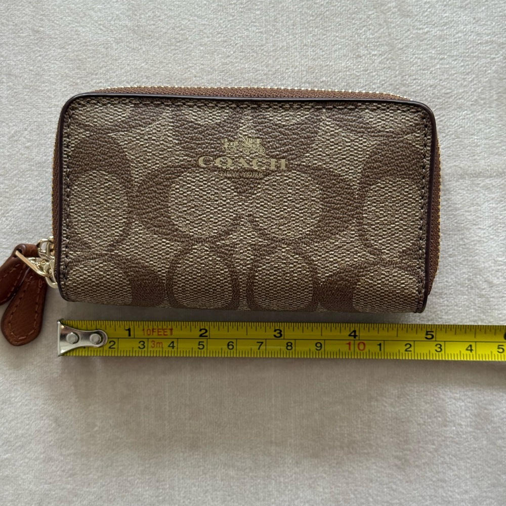 COACH Brown Signature Leather Double Zip Coin Mini Wallet Like New - Picture 3 of 7